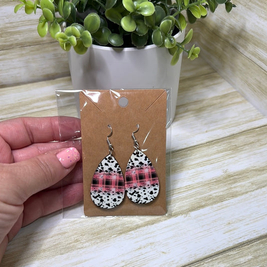 Pink Plaid Cow Print Earrings