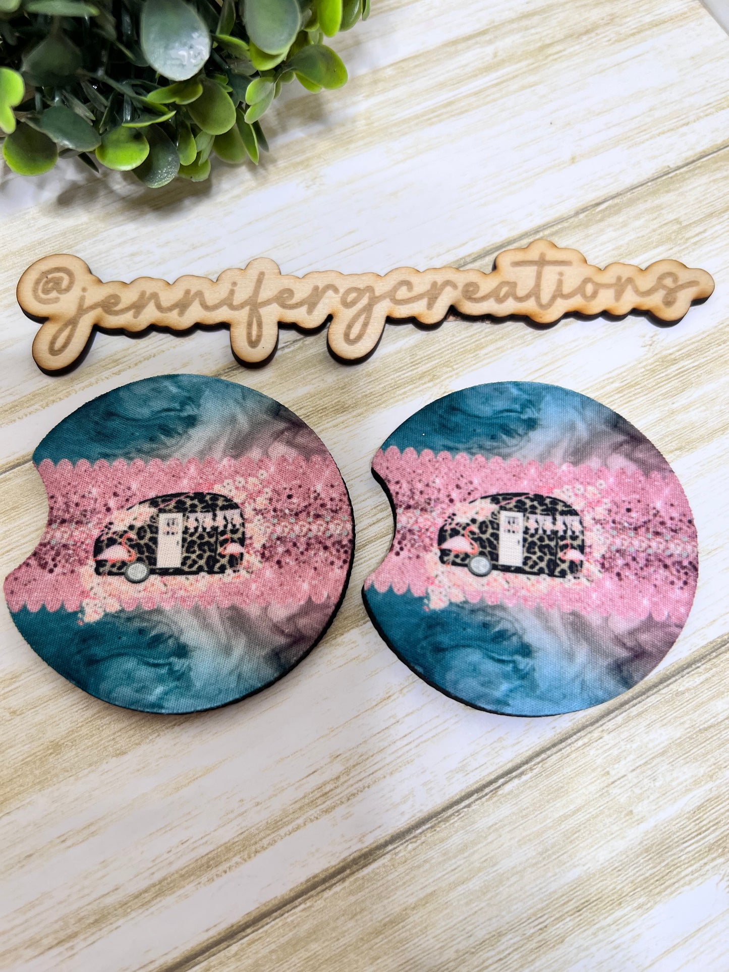 Camper and Flamingo Car Coaster